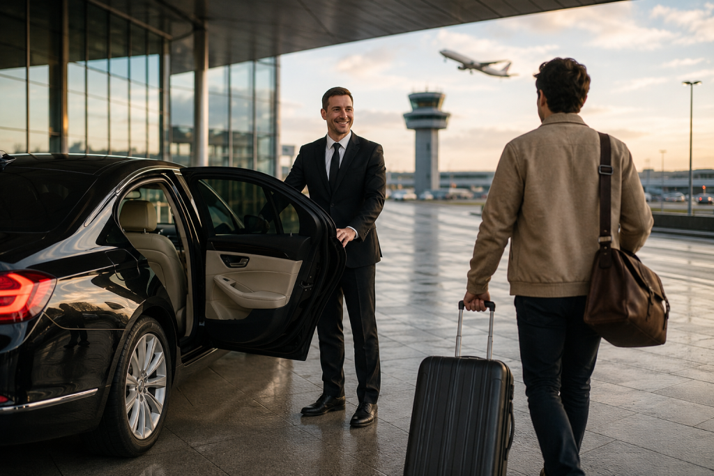 Luxury Gatwick airport transfer with professional chauffeur and traveler at airport terminal.
