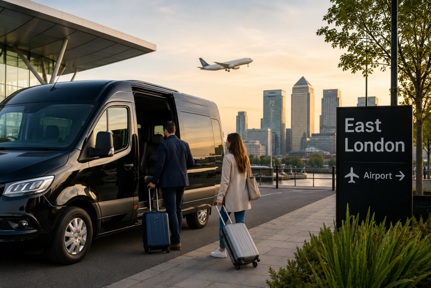 Professional airport transfer minibus picking up passengers with luggage in East London before heading to a London airport.
